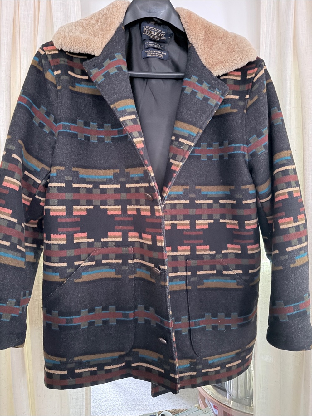 Pendleton Black Geometric Wool Pea Coat with Tan Sherpa Collar